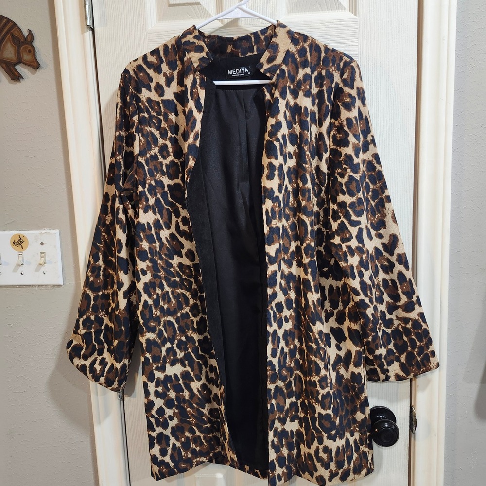 Mediya Leopard Print Open Front Jacket XL Brown Tan Animal Corduroy Textured